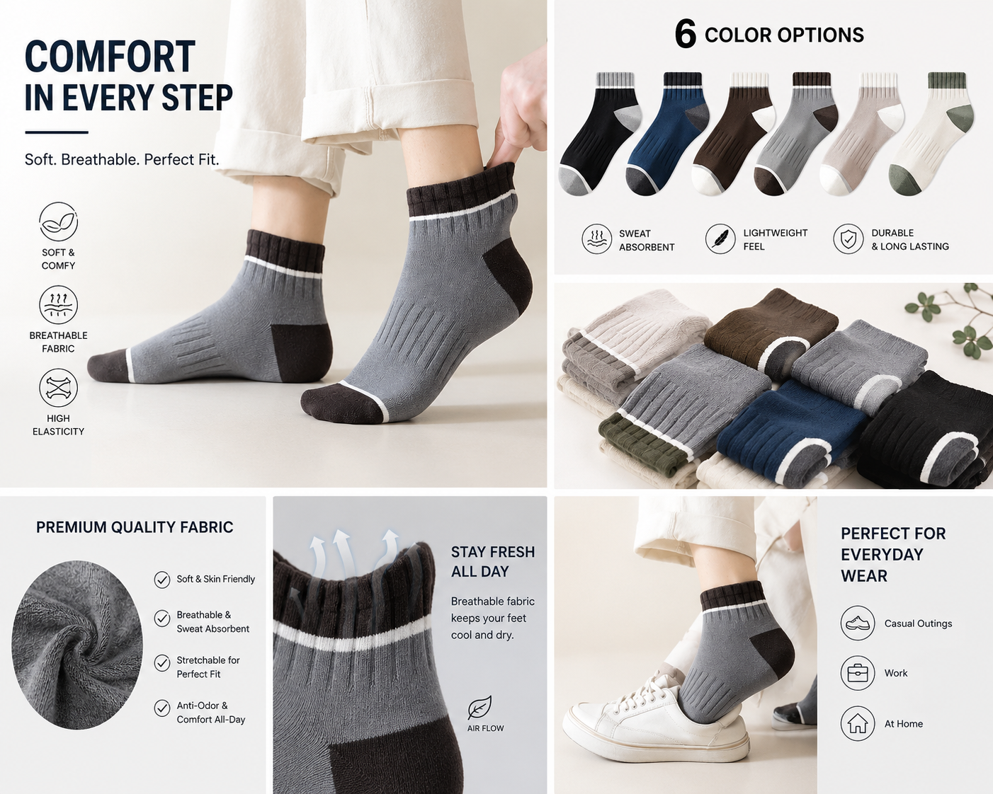 Kevorix breathable ankle socks pack of 6 flat lay