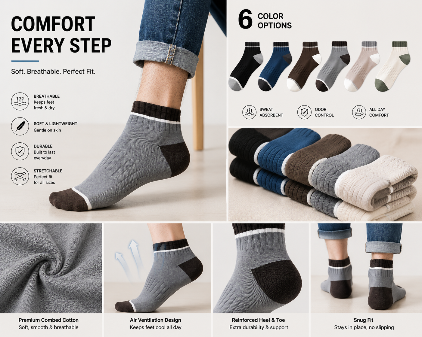 Kevorix breathable ankle socks pack of 6 infographic
