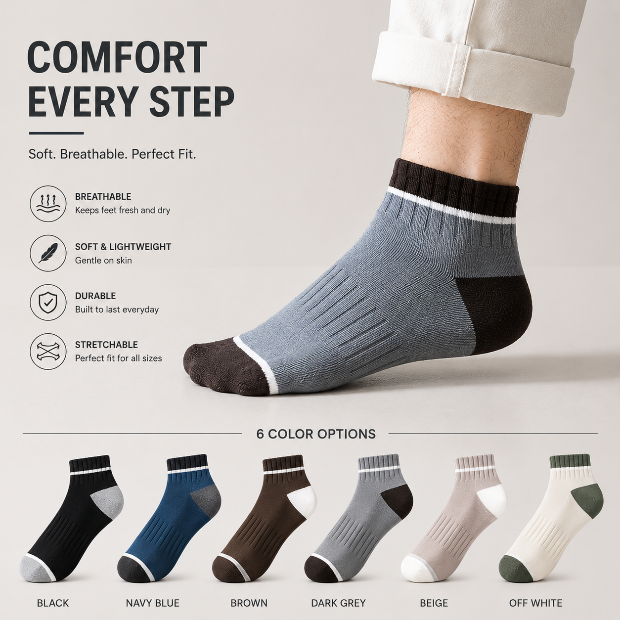 Kevorix breathable ankle socks pack of 6 folded