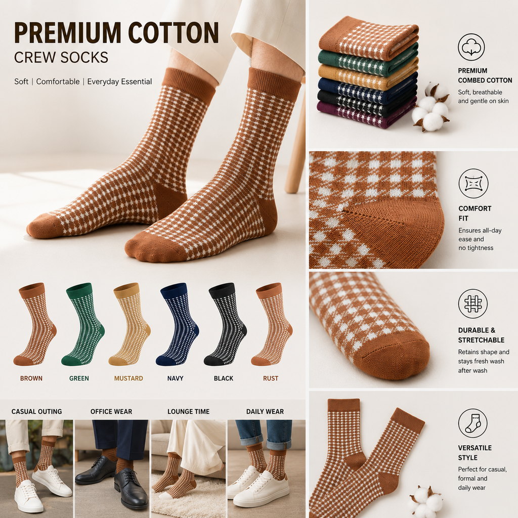 Kevorix checkered cotton crew socks pack of 6 flat lay